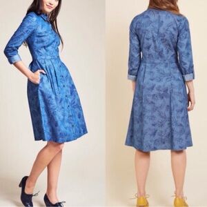 ModCloth Medium Blue Chambray Tropical Leaf Shirt Dress Cotton Button Up Pockets